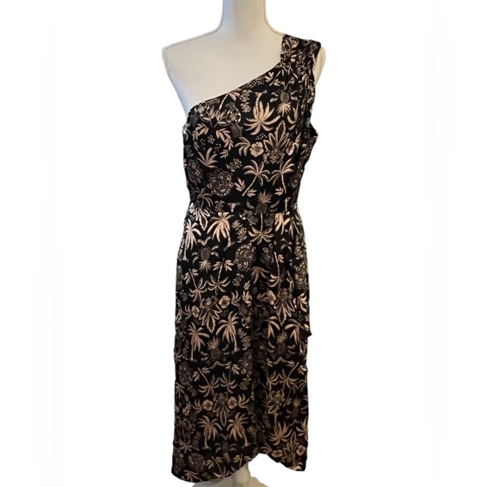 Laundry by Shelli Segal Tropical Satin Dress Sz 8 Black Tan Resort Beach Summer